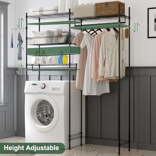 GarveeHome Over Washer and Dryer Shelves, 57.4" W Laundry Room Clothes Drying Rack, Height Adjustable Towel Racks with Hamper and Hooks, Space Saving Laundry Room Organization and Storage