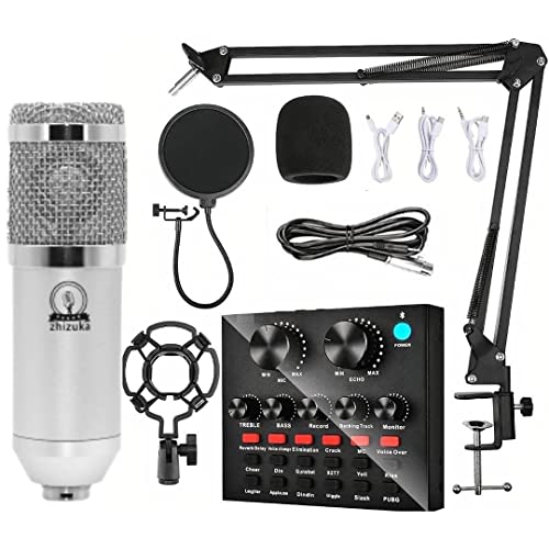 Image of ZHIZUKA Condenser Microphone Set V8 Sound Card Mixer Amplifier Voice Changer Audio Interface | Singing Smule Live Streaming Podcast Broadcasting (3.5mm Mic + Sound Card, Silver)
