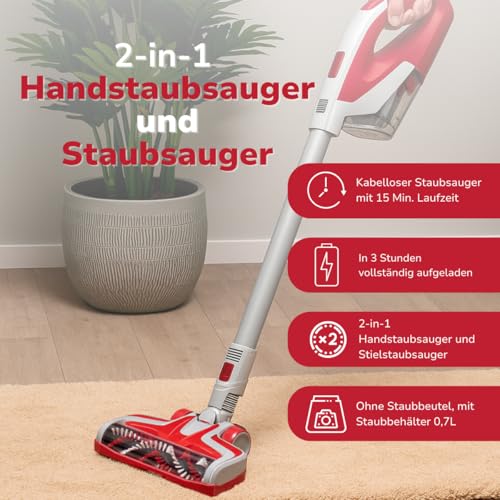 Dirt Devil 2-in-1 Akku Staubsauger DD9003 - Stielstaubsauger 150W - Kabelloser Staubsauger mit Wandmontage - bis zu 15 minuten Akkulaufzeit - Beutelloser Staubsauger - Grau