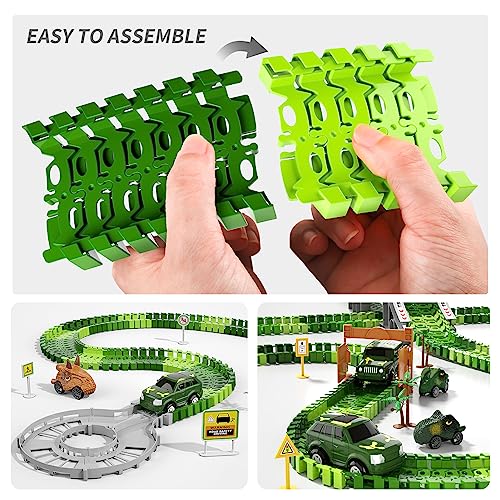 iHaHa 249 PCS Dinosaur Race Car Track, Dinosaur Toys with Light, Sound & Spray, Ages 2-6, Green