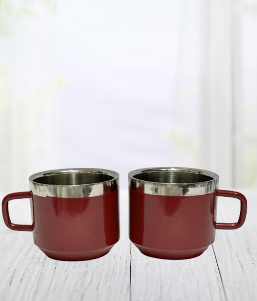 Dynore Stainless Steel Double wall Set of 2 Maroon Tea Cups 1
