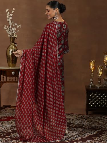 Image of Libas Womens Printed Silk Blend Straight Kurta With Trousers and Dupatta | daily wear suit
