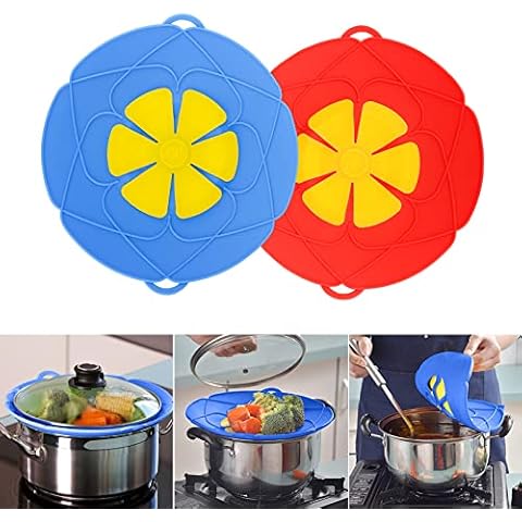 2 Pcs Spill Stopper Lid Cover,Reusable Boil Over Spill Stopper,Silicone Spill stopper for Microwave and Pans,10" in Multi-Function Kitchen Tool (Red And Blue) Cover