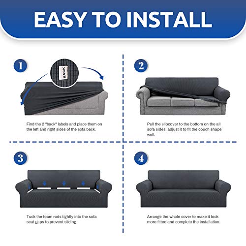 KEKUOU Stretch Sofa Cover Slipcover ,Couch Covers for 3 Cushion Couch Sofa pet Friendly (78"-94") Furniture Protector Sofa with Elastic Bottom for Kids,Dog, Jacquard Small Checked(Large,Charcoal)