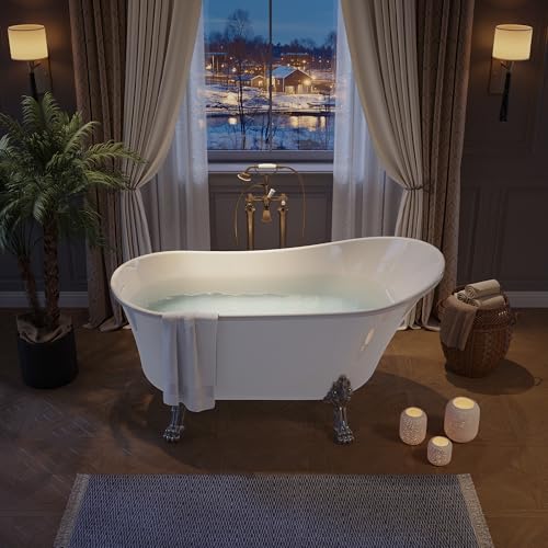 Image of GarveeLife Freestanding Slipper Clawfoot Bathtub 59 inch - Heavy Duty Acrylic Soaking Tub with Chrome Feet, Drain & Overflow, Elegant Vintage Design for Relaxing Home Spa and Bathroom Remodels