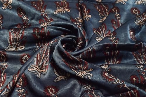 Image of Ethnics of Kutch Women's Ajrakh Mashru Silk Natural Dye Hand Block Print Unstitched Kurta Fabric Mtr Length (3 Mtrs - Indigo 07C02A)