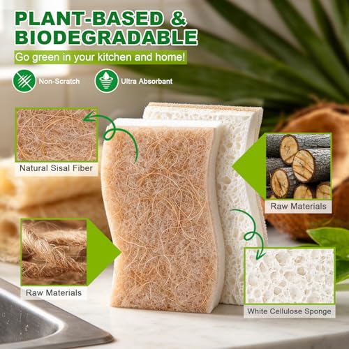 Image of HOMEXCEL Sponges Kitchen, 24 Packs Non-Scratch Natural Sponge for Dishes Cookware, Biodegradable Cellulose Scrub Sponges for Dishwashing Cleaning Household Bathroom