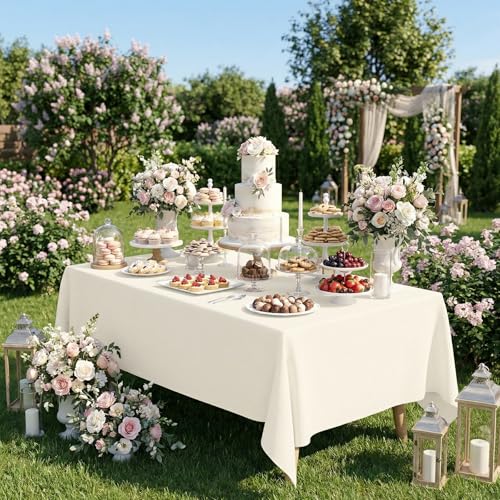Fixwal 2 Pack Ivory 70 x 120 Inch Rectangle Tablecloths, Reusable Heavy Duty Washable Polyester Table Covers for 6-8 Ft Tables, Wedding, Bridal Shower, Boho Party, Outdoor, Picnic by Fixwal - Used condition - Image 6