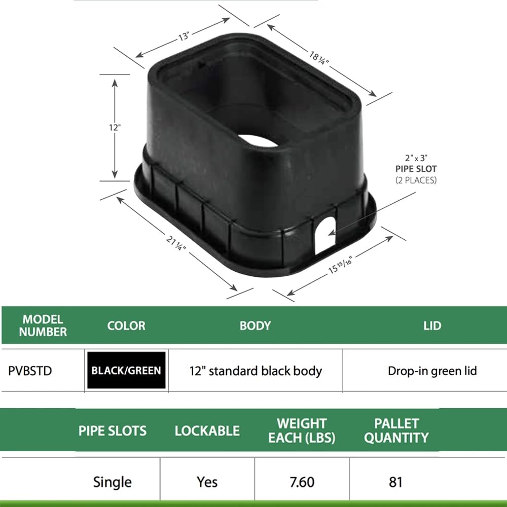 Rain Bird PVB Series PVBSTD Standard Rectangular Valve Box with Green Lid