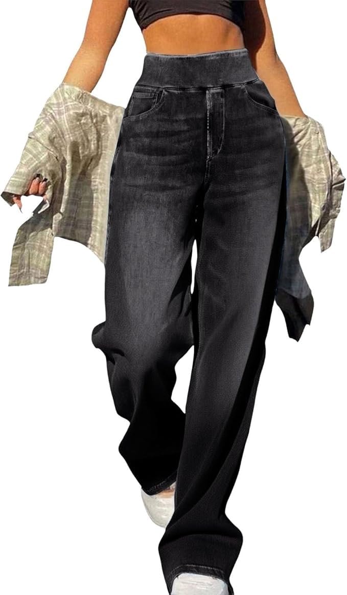 Vaqueros For Mujer De Cintura Alta con Pantalones Elásticos, Pierna Recta, Casuales Monocromáticos For Adolescentes Y Niñas Y2K Streetwear