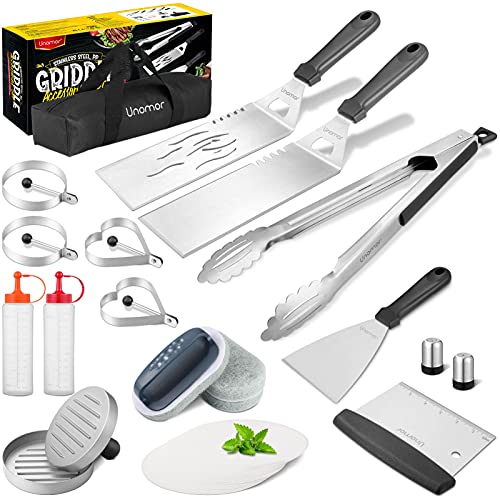 Unomor Griddle Accessories Kit,BBQ Tools with Teppanyaki Spatula Set, Tongs,Burger Press，Stainless Steel Scraper，Chopper， Grill Cooking Kit for Outdoor BBQ, Grill，Teppanyaki，Camping and Yard（13PCS）