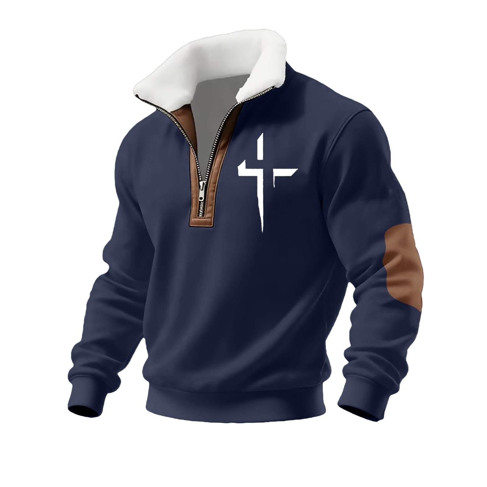 Christian Sweatshirts for Men Cross USA Faith Wear Long Sleeve Sherpa Fleece Stand Collar American Flag Polo Sweater