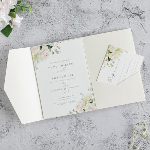 FEIYI 20 PCS Ivory Tri-fold Laser Cut Wedding Invitation Pockets for 5x7 Wedding Cards Bridal Shower Engagement Quinceanera Invitation