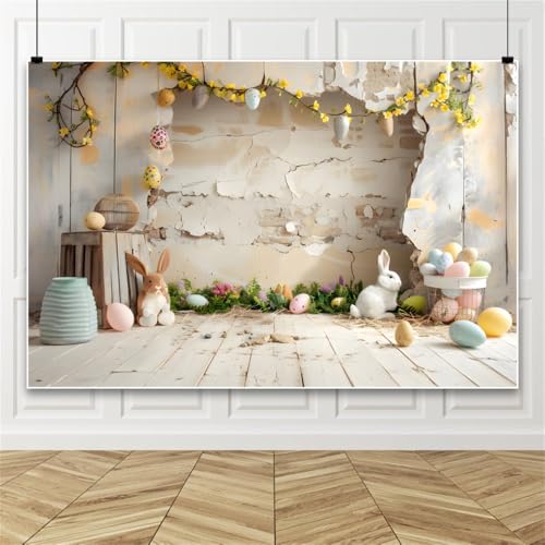 Leowefowa Easter Spring Backdrops for Photography 10x8ft Rusitc White Wooden Wall Floral Bunny Backdrop Background Spring Easter Party Decorations Photo Booth Props Vinyl