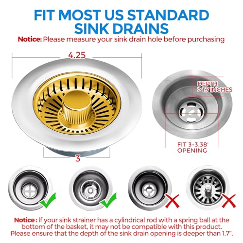 Image of zaa Kitchen Sink Drain Strainer - Kitchen Sink Stopper, 304 Stainless Steel Sink Drain Stopper, Sink Protector for Kitchen with Anti-Clog Filter, Fit US Standard 3-1 /2'' Sink Drain Hole, Gold
