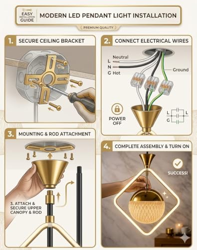 Image of Darkvision Modern LED Hanging Ceiling Light for Living Room | Contemporary Pendant Fixture Gold Sqaure Pendant Light | 3 in 1 Color Changing Lighting for Dining Room, Kitchen Restaurant and Home Decor
