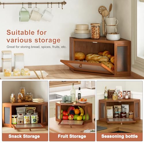 Image of WOWLIVE Corner Bread Box for Kitchen Countertop, Bamboo Bread Storage Container, Large Farmhouse Bread Holder with Acrylic Wavy Door Panel, Multi-functional Container, Caramel