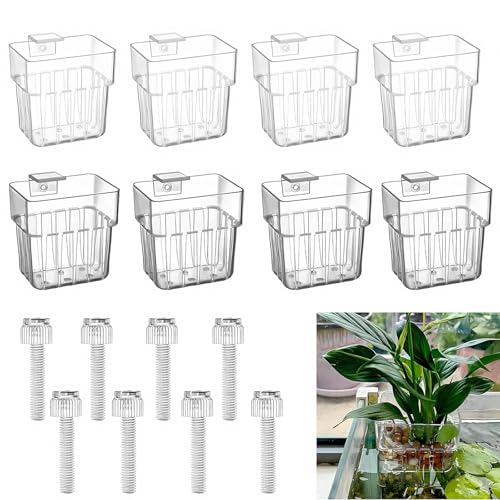 JSUOEO 8 PCS Aquarium Plant Holder, Acrylic Fish Tank Plants Pots with Hook Top Hanging Aquatic Planter Cups for Aquarium Aquascape Decorations Plants Cultivation (Clear Grey)