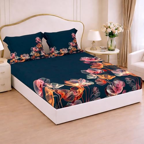 Image of Cloth Fusion Glace Cotton Elastic Fitted Bedsheet King Size with 2 Pillow Covers (78X72 inches, Blossom Aura)