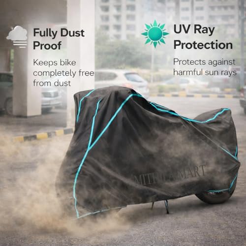 Image of Compatible with TVS Apache RTR 180 Waterproof Two Wheeler Bike Body Cover Water Resistant, Heavy Duty, UV Rays, Dust & Scratch Protection for All-Modal & Variants (Black,Sky Blue Piping)