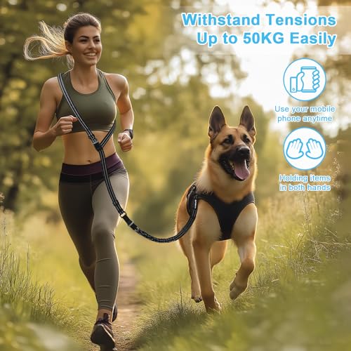 Philorn Hundeleine für Große Hunde, Multifunktional Freihändig Joggingleine, Lange Laufleine zum Joggen Laufen Wandern mit Autosicherheitsgurt, Reflektierende Nähte, Laufgurt Schwarz