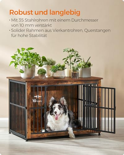 Feandrea Hundekäfig Möbel, Beistelltisch, Hundebox, Moderne Hundehütte Indoor für Hunde bis zu 32 kg, hochbelastbar, geschlossener Boden, Hundehaus 2 Türen, vintagebraun PFC023X01