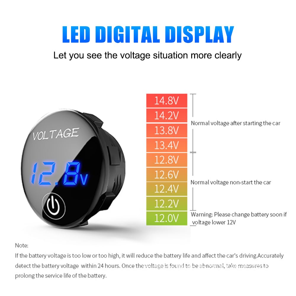 Battery Voltmeter, DC 5-48V Digital Voltage Gauge, Waterproof LED Volt Monitor with Touch Switch for Car Motorcycle Truck Camper Caravan Marine