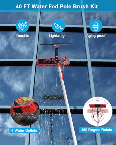 Image of Solar Panel Cleaning Kit, 40ft Water Fed Poles, Long Hose, Brush & Squeegee, 2 Dusting Brush for Solar Panel High Window Roof Cleaning
