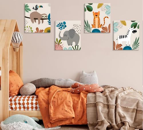 Image of 4pcs Framed Safari Cartoon Jungle Animal Wall Art 12x16 inches | elephant, zebra, sloth & tiger Canvas Paintings Prints.Kid Room Baby Room Decor.
