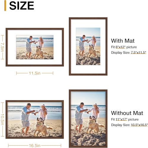 decorUhome 11x17 Picture Frame, Display Pictures 8x12 with Mat or 11x17 without Mat, Wall Hanging Poster Frame, Brown, 1 Pack