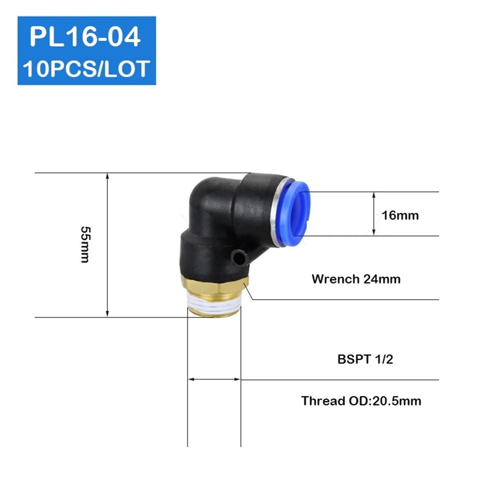 Conector Rapido Aire Comprimido 10 Uds. En forma de L PT 1/2 "macho roscado a tubo 16mm Ajuste rápido neumático PL16-04