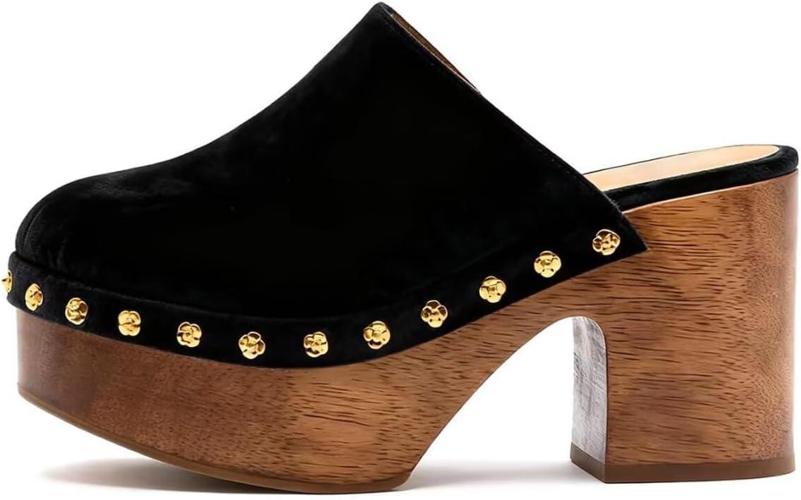Agodor Fashion Studded Platform Wooden Clogs Mules–Chunky Heel Slip‑On Clogs Studs Round Toe Heeled Sandals, Comfortable Summer Slides