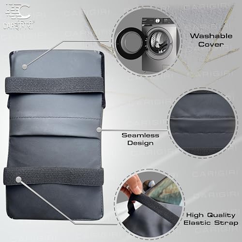 Image of Carigiri Comfirest Armrest Cushion for Car|Orthopedic Foam Arm Cushion|Universal for All Cars|Armrest Support,Height Extender(Double Stitching,Nappa Leather,Dual Mobile Pockets,Black with White Seam)