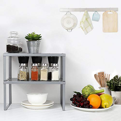 2-Pack Kitchen Bathroom Cabinet and Counter Shelf Organizer Stackable Expandable Storage Rack Spice Rack, 12.7'' L x 9'' W x 6'' H, Sliver