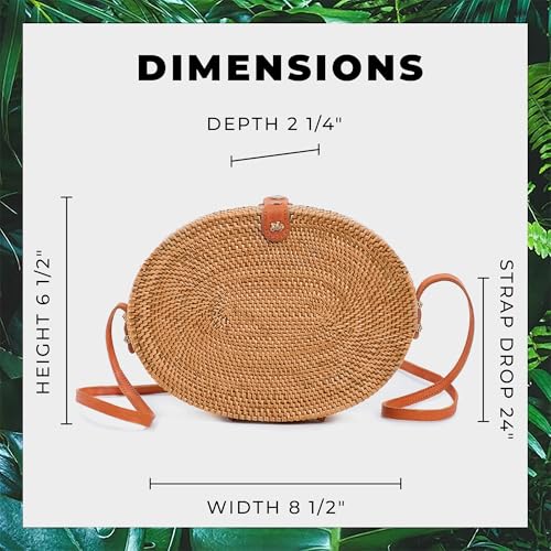Image of Novum Crafts Round Rattan Bag for Women - Handmade Ata Wicker Woven Purse - Circle, Square, Oval Brown Straw Boho Bags