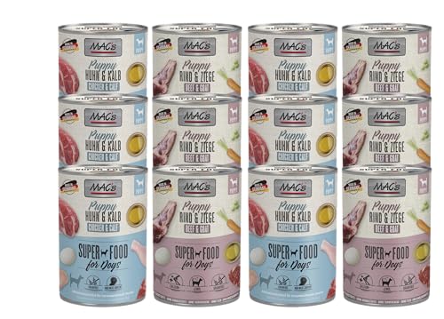 Mac's Dog Puppy 12 x 400g | 2 Sorten Mix | Getreidefreies Nassfutter für Welpen | schonende Zubereitung | bietet Ihrem Welpen Alles an Nährstoffen, Vitaminen und Mineralien