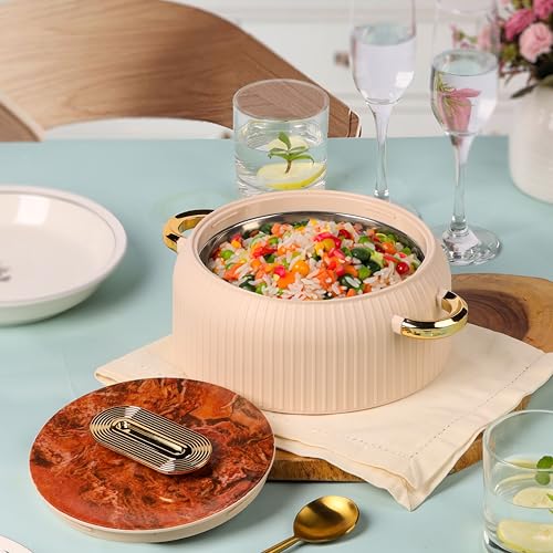 Image of CELLO Castella 1500 Insulated Steel Casserole Hot Box For Kitchen 1500ml Gold Beige |Double Wall Airtight Serving Hot Pot Case Keeps Food Hot & Warm For Long Hours, Casserole Set For Roti Chapati Rice