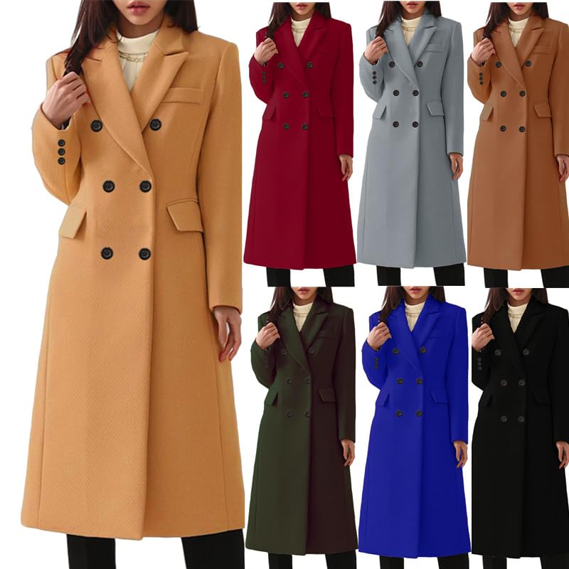 Manteau Laine Femme Trench Coat Long En Laine Pour Femme Élégant Et Ajusté Croisé À Revers Cranté Idéal Pour L'Automne Et L'Hiver Veste Blazer Caban Manteau Chaud Mi-Long Trapèze