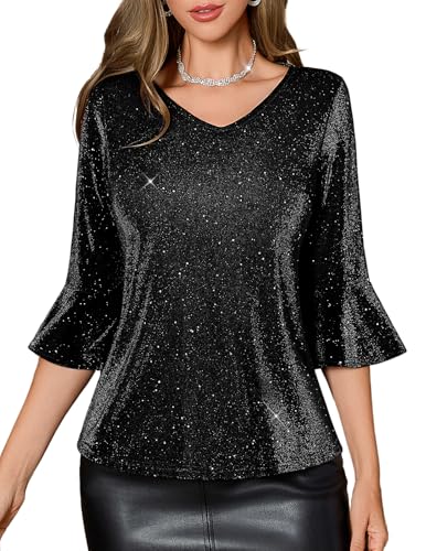 HomRain Dressy Tops for Women Party Night V Neck Sheer Glitter Shirts 3/4 Bell Sleeve Loose Fit Sparkle Blouses Black L