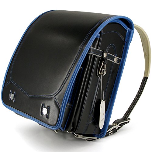 Baobab'sWish Mochila japonesa Ransel Randoseru para estudiantes de escuela primaria de cuero PU impermeable bloqueo automático mayor capacidad cubierta de lluvia (jp-Black-Bule Side)