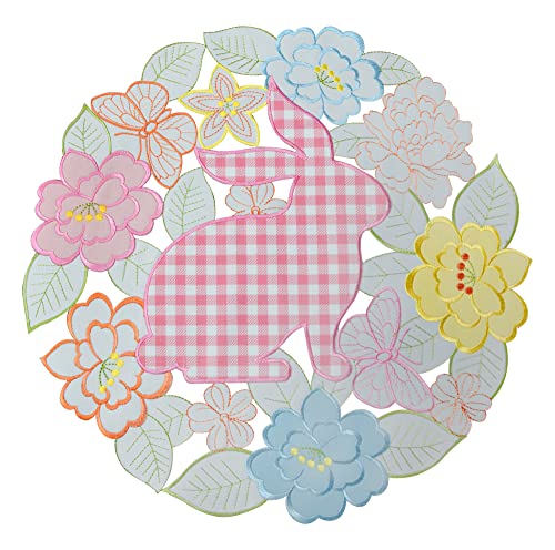 KEVA Easter Placemats Set of 4, Rabbit Cutwork Embroidered Placemat 16inch Round, Spring Bunny Floral and Butterfly Embroidery Table Mats for Easter Table Decorations, Bunny Placemats