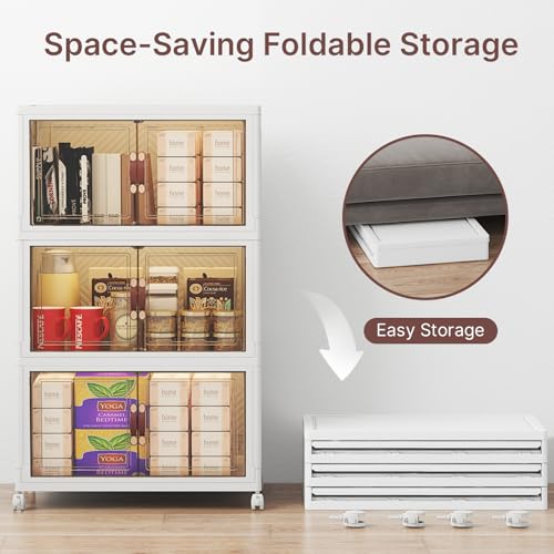 Image of UAMFURI Stackable Storage Bins with Lids, 288QT Lockable Storage Cabinet | Folding Storage Box with Doors and Wheels, Collapsible Plastic Drawers for Home, Garage, Office