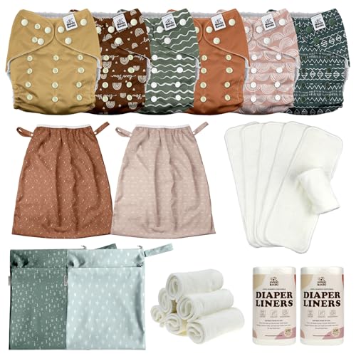 MK 3.0 Baby Cloth Diapers with 6 Inserts Bundle, with Bambo Liners, 5-Layer Bambo Inserts (6 Pack), Wet Bags and Pail Liners.