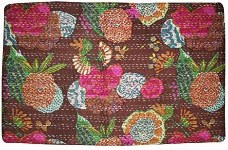 Fruit Print Cotton Kantha Quilt Bedspreads Throw Blanket Floral Boho Bedspread Bohemian Bedding Indian Handmade Kantha Quilt Patch Work Bed Cover (Queen 90 X 108 Inch, Maroon)
