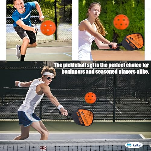 Image of FunBlast Pickle Ball Racket Set - 2 Premium Wood Rackets with 4 Balls & Portable Carry Bag, Ideal for Kids, Men & Women - Durable & Lightweight, Outdoor Activities (Orange)