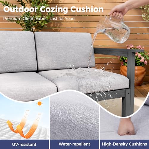 Image of Modular Outdoor Patio Conversation Set, 3-Piece HIPS Chairs with Side Table & Thick Cushions- Side Interlock & Detachable Armrest, All-Weather Patio Furniture Set for Backyard, Deck, Poolside