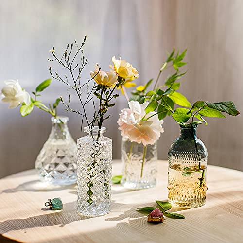 Wildmos Glass Bud Vase Set Of 6, Small Flower Vases For Decorative, Gradient Glass And Embossed Style Mini Glass Bottles For Home Decor, Vintage Glass Bottles For Centerpiece 3.3"-5.2''H(Clear+Green) #TOP4