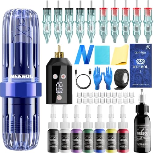 Neebol Kit di pistola per tatuaggi wireless, penna rotativa senza fili con batteria da 1500 mAh, display a schermo, inchiostro nero extra, 10 aghi per cartuccia, kit completo di pistola per tatuaggi Neebol Kit di pistola per tatuaggi wireless, penna rotativa senza fili con batteria da 1500 mAh, display a schermo, inchiostro nero extra, 10 aghi per cartuccia, kit completo di pistola per tatuaggi