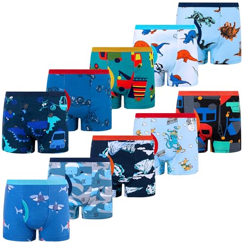 BIG ELEPHANT Boys' Boxer Briefs 10-Pack, Toddler 100% Cotton Dinosaur Print Underwear, Soft and Breathable, Sizes 3T-10Y