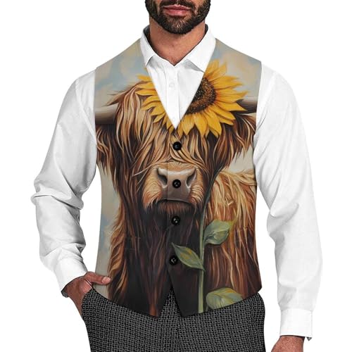 Highland Cow with Sunflower Suit Vest for Men Waistcoat Dressy V Neck Button Down Sleeveless Business Jacket Coat